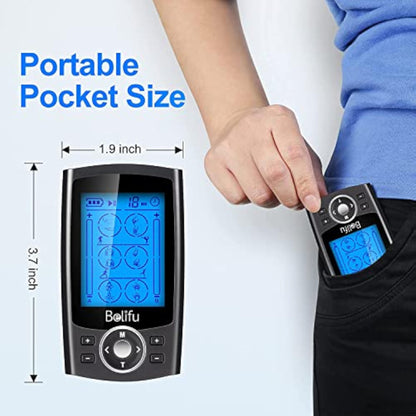 Belifu Dual Channel TENS EMS Unit 24 Modes Muscle Stimulator for Pain Relief Therapy, Electronic Pulse Massager Muscle Massager with 10 Pads, Dust-Proof Drawstring Storage Bag, Fastening Cable Ties - New