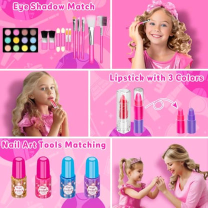 Hollyhi 58 Pcs Kids Makeup Kit for Girl, Princess Toys Real Washable Cosmetic Set with Mirror, Kids Makeup Sets for Girls, Play Make Up Birthday Gifts for 3 4 5 6 7 8 9 10 11 12 Years Old Kid (Rose) - New