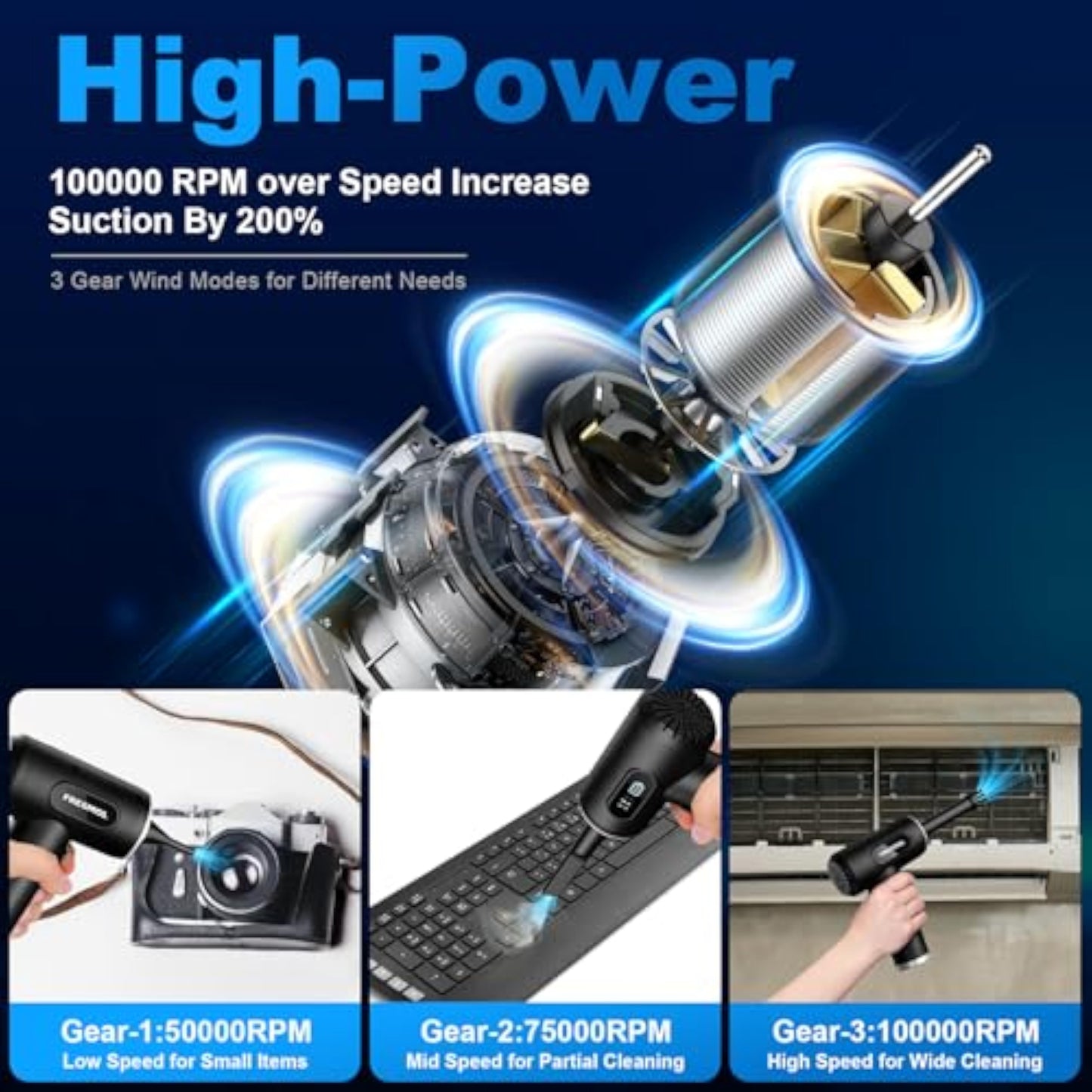 Compressed Air Duster-3 Gear Adjustable 100000RPM Electric Air Duster with LED Light, Rechargeable Cordless Air Blower for Keyboard Electric Devices Cleaning. Replaces Compressed Air Cans (Black) - New