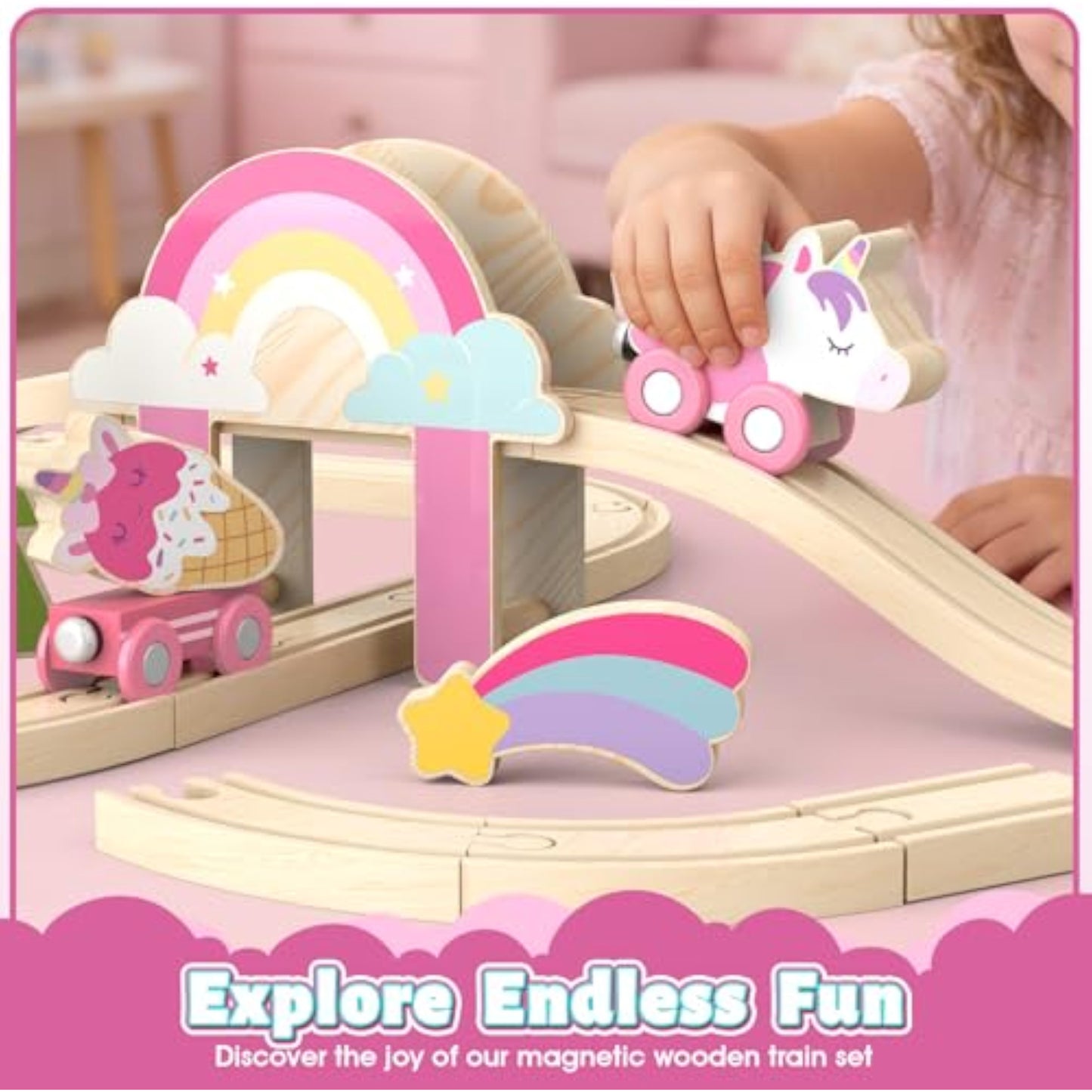 Lehoo Castle Wooden Train Set - Unicorn Train Set for Toddlers 2-4, Wooden Train Track Toddler Girl Toys, Pink Train Fantasy Toys for 3 4 5 6 7 Year Old Girl - New