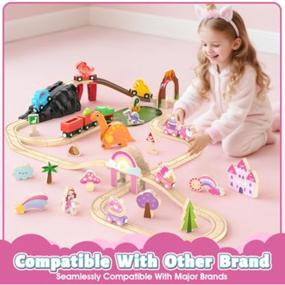 Lehoo Castle Wooden Train Set - Unicorn Train Set for Toddlers 2-4, Wooden Train Track Toddler Girl Toys, Pink Train Fantasy Toys for 3 4 5 6 7 Year Old Girl - New