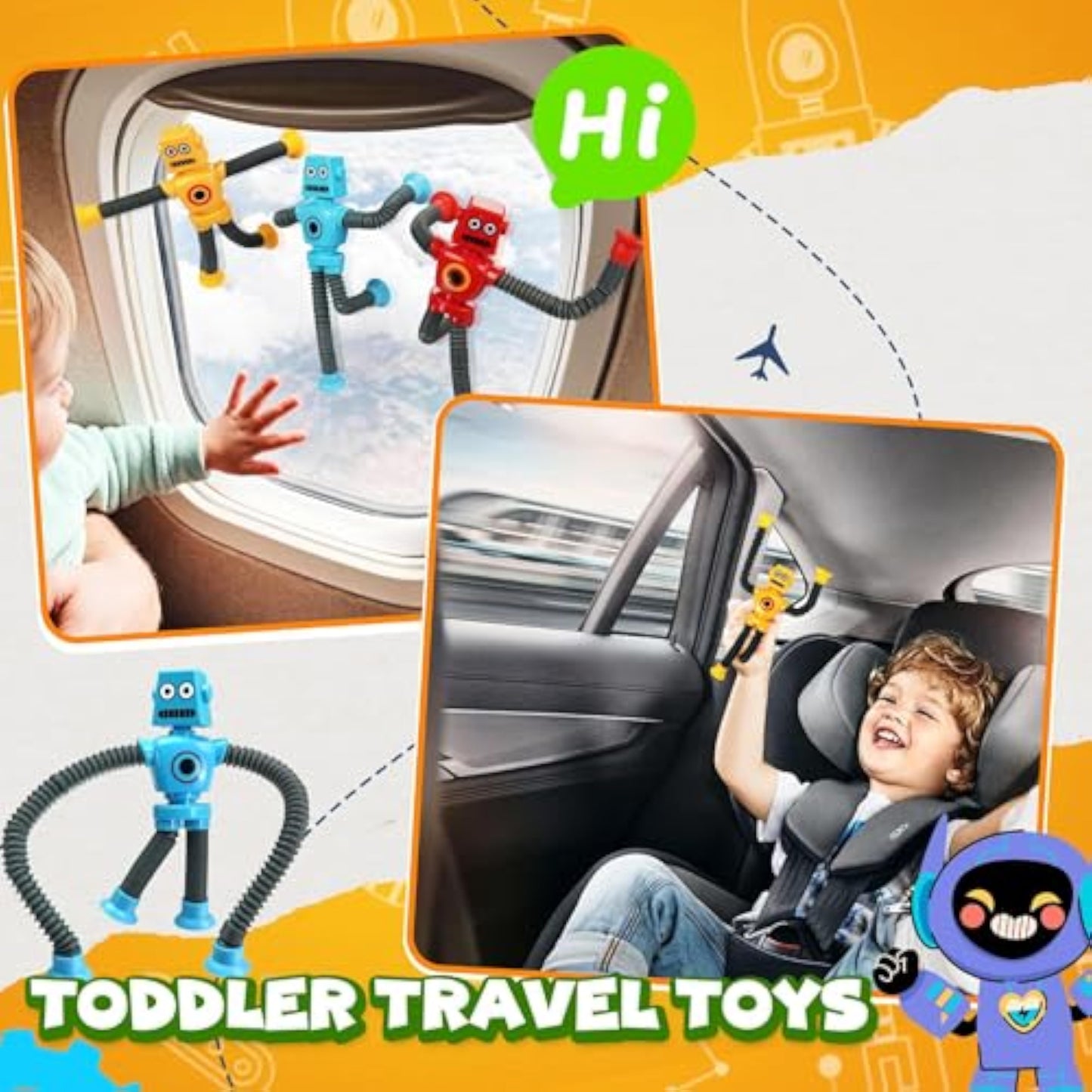 Robot Sensory Travel Roadtrip Toys 4Pcs for Toddlers Kid Boy Year Old Ages 3 4 5 6 7 8 9,Airplane Activities Suction Autism Pop Tube Fidget Toys Autistic Stocking Easter Basket Stuffer Valentine Gift - New