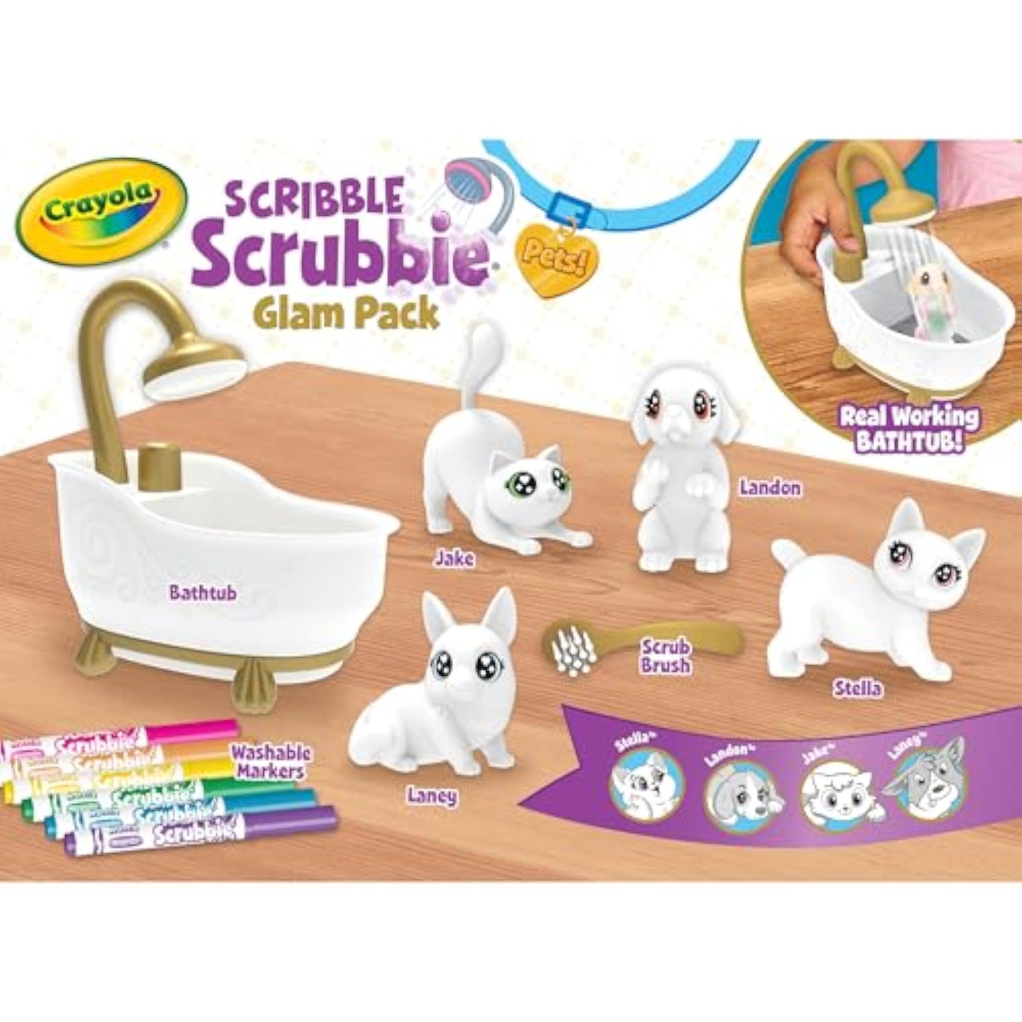 Crayola Scribble Scrubbies Glam Pack (4 Pets), Washable Pet Care Toy & Coloring Animal Craft Kit, Gift for Kids, Playset for Girls & Boys, Ages 3+ - New