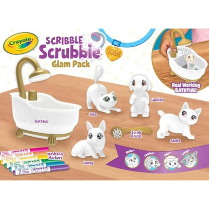 Crayola Scribble Scrubbies Glam Pack (4 Pets), Washable Pet Care Toy & Coloring Animal Craft Kit, Gift for Kids, Playset for Girls & Boys, Ages 3+ - New