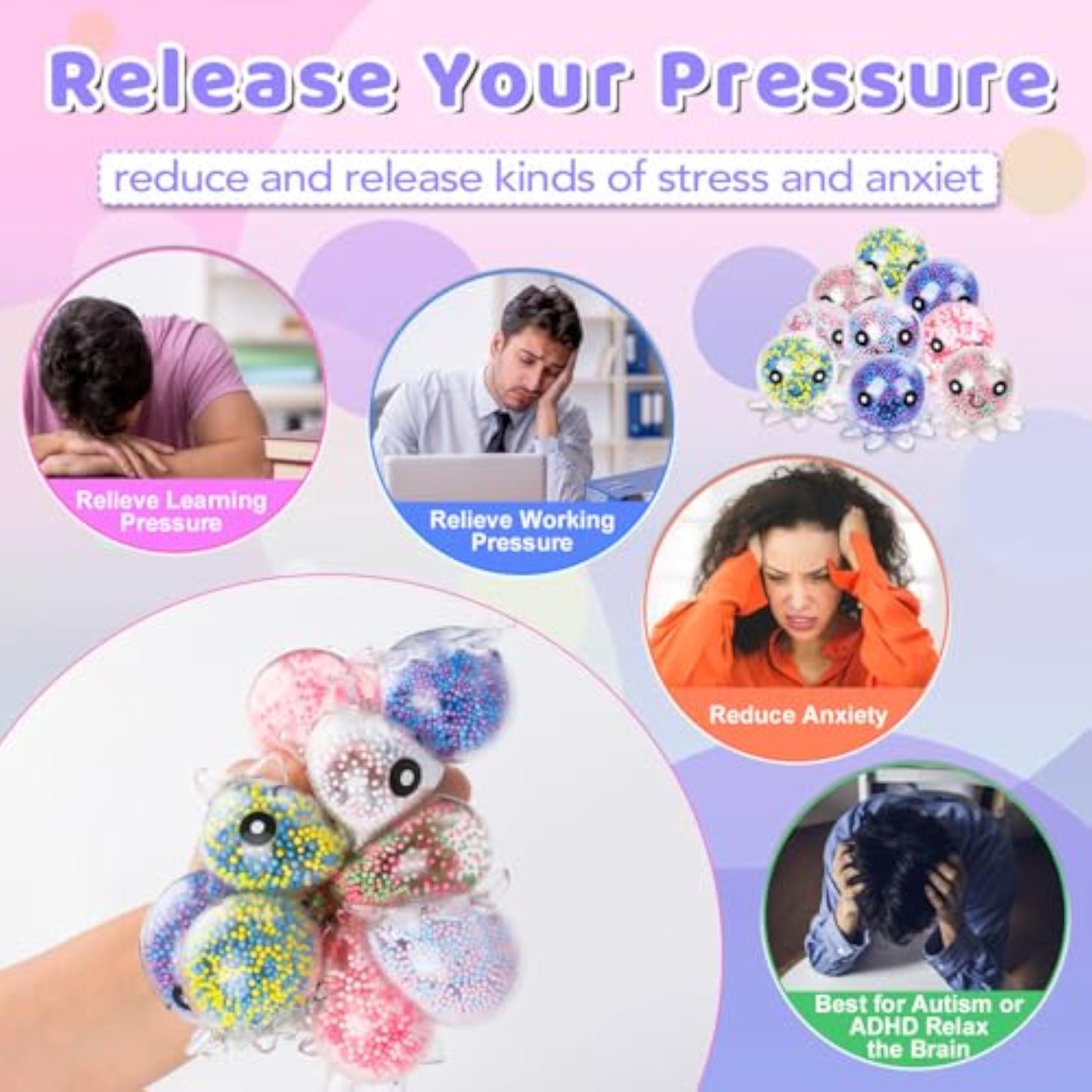 VESPRO 12 Pack Fidget Stress Balls for Adults, Cute Octopus Stress Relief Sensory Stress Ball, Bulk Squishy Squeeze Ball Toys Set for Classroom Prizes and Birthday Party Favors - New