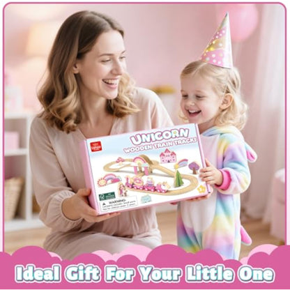 Lehoo Castle Wooden Train Set - Unicorn Train Set for Toddlers 2-4, Wooden Train Track Toddler Girl Toys, Pink Train Fantasy Toys for 3 4 5 6 7 Year Old Girl - New