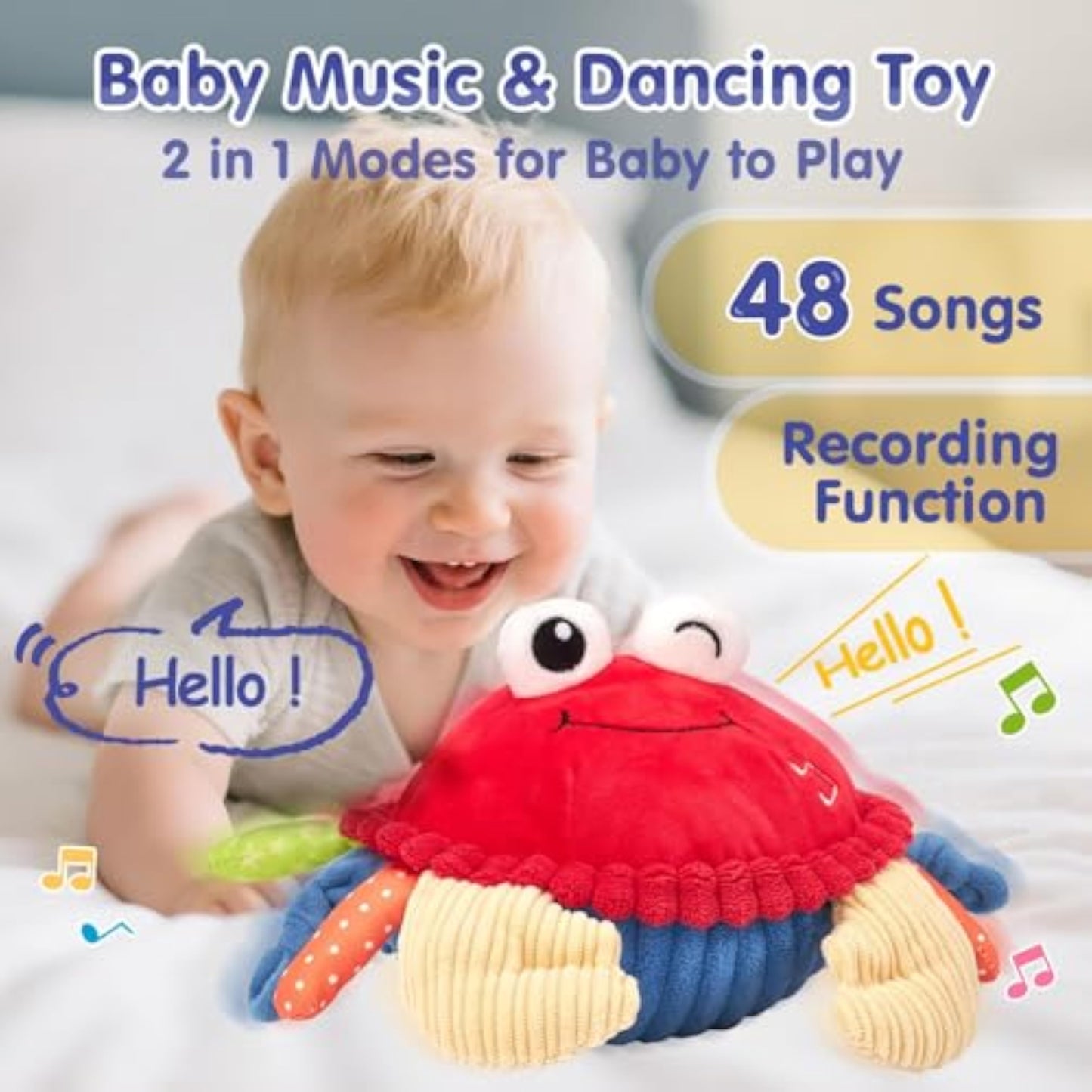 hahaland Baby Toys 6-12 Months, Musical Bouncing Crab Plush Toy with 48 Songs & Recording Function, Dancing Moving Jumping Baby Toy for Tummy Time, USB Rechargeable Crab Toy for Babies 6+ Months - New
