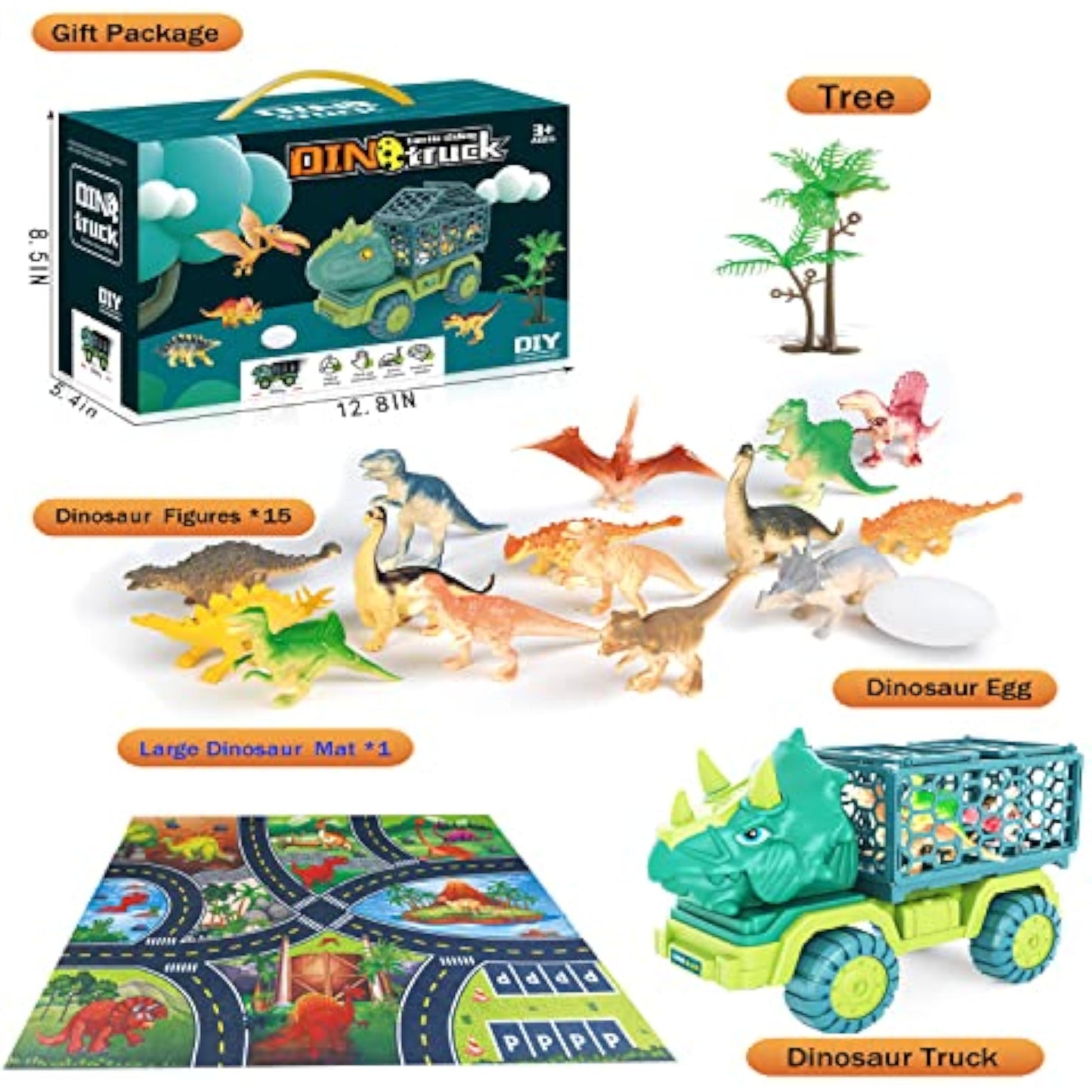 Dinosaur Truck Toys for Kids 3-5, Triceratops Car Toy with 15 Dino Figures,Large Activity Play Mat, Dinosaur Eggs, Dinosaur Play Set for Boys and Girls,Christmas Xmax,Stocking Stuffers - New