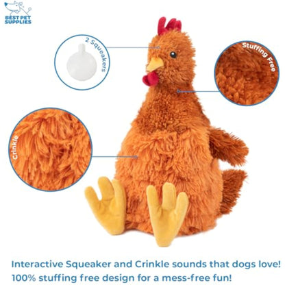 Best Pet Supplies Interactive Squeaky Dog Chew Toy, Ideal Dog Toys for Chewers, Small, Medium & Large Dogs, and Fetch Lovers - Crinkle Chicken (Brown), Large - New