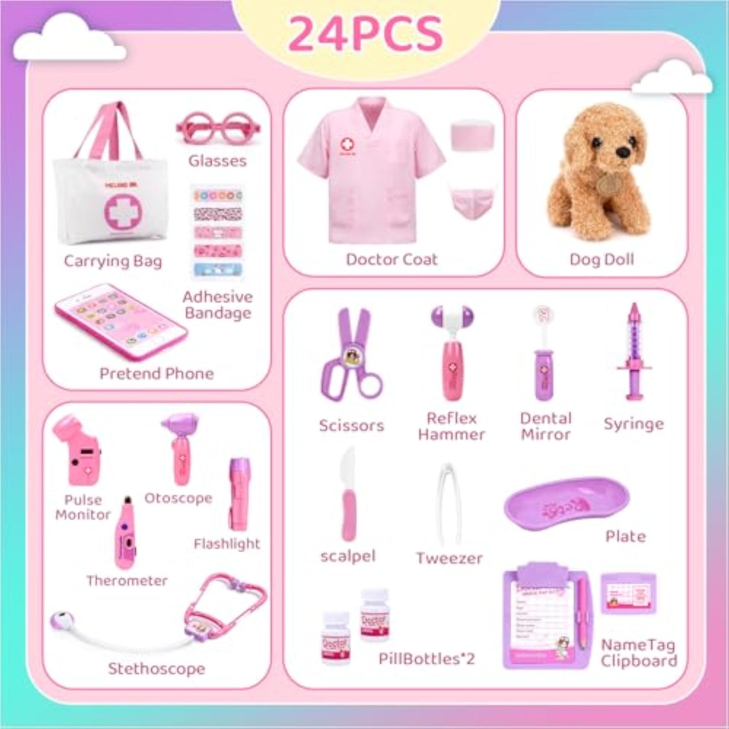 Meland Toy Doctor Kit for Girls, Pretend Play Toy Doctor Set with Dog , Carrying Bag, Stethoscope & Dress Up Costume Gift for Kids Toddlers Ages 3 4 5 6 Year Old for Role Play - New