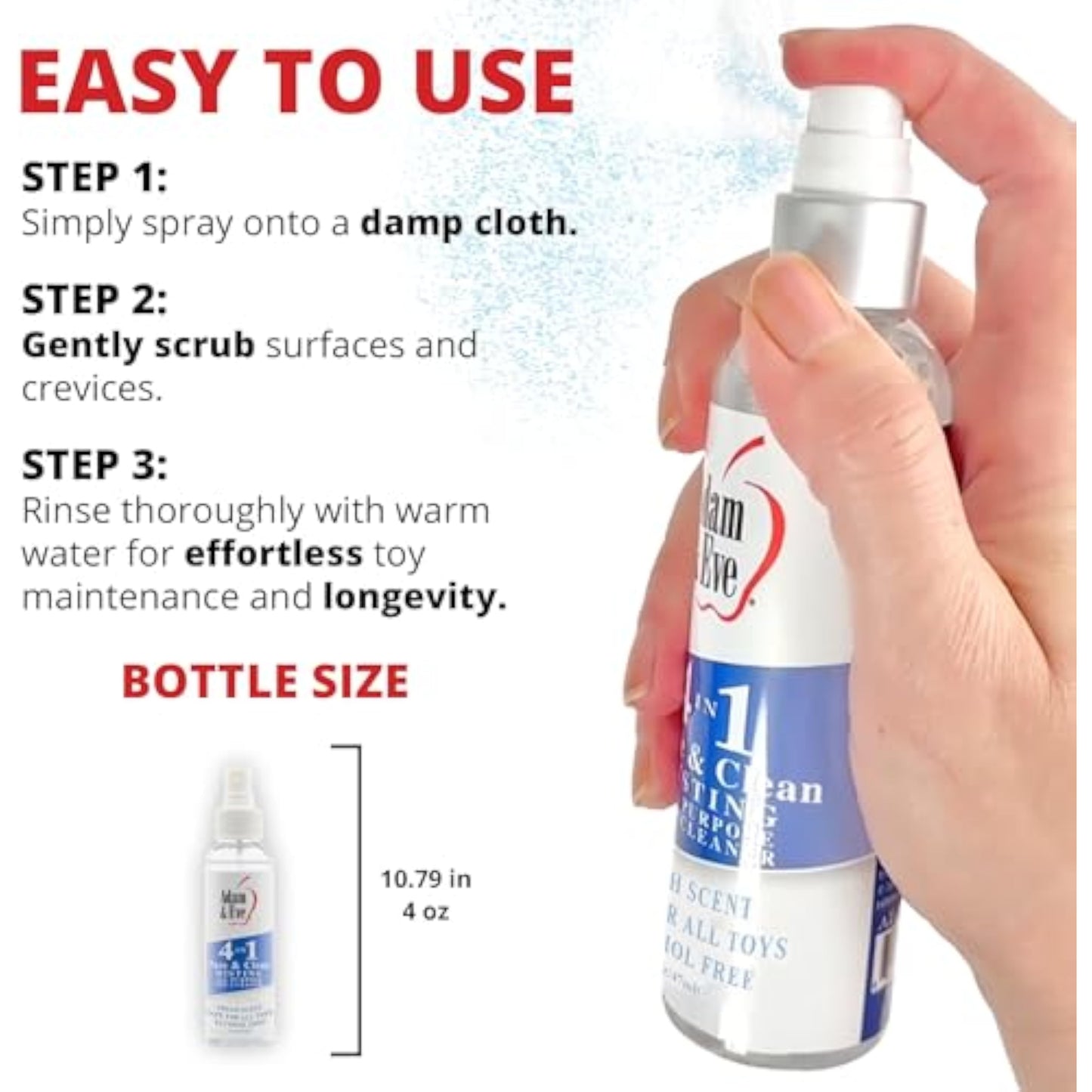 Adam & Eve Sex Toy Cleaner, 4 In 1 Pure And Clean Misting Spray, Fast Acting Misting Spray For Adult Toys, Vibrators, Dildos, Fresh Scent, Water Based Formula Perfect for Gifting, No Residue, 4 oz - New