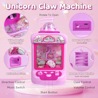 Marlrin Claw Machine for Kids, Mini Vending Machine Girls Unicorn Toys, Candy Grabber Prize Dispenser with Sound & 20 Mini Plush Toys, Electronic Arcade Game Indoor Toy for Home Party Birthday Gifts - New