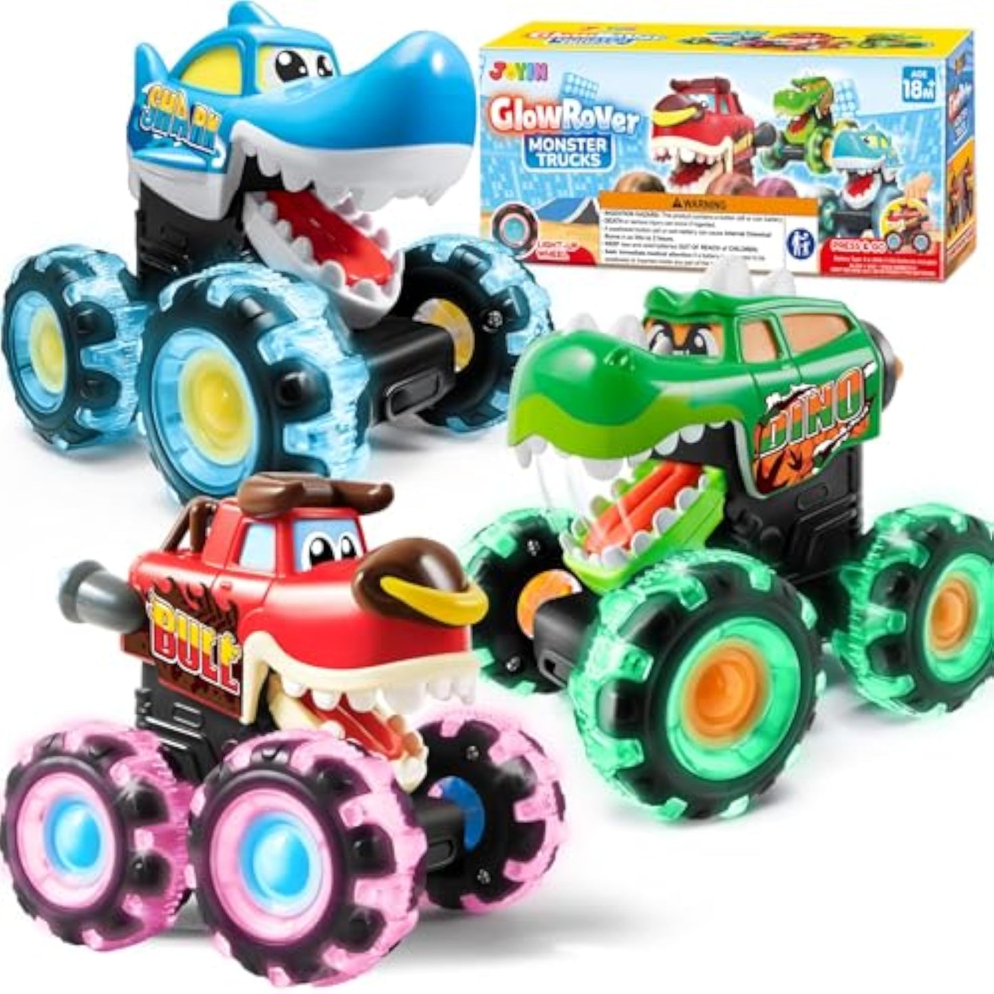 JOYIN 3 Pack Monster Truck Toy - Motion Activated Light Up Cars for Toddlers - Monster Glow Rover LED Wheels - Baby Boy Toys - Press and Go Dinosaur Trucks for Kids Boy Birthday Gifts - New