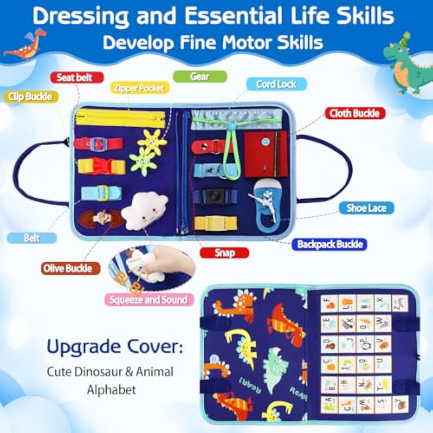 Esjay Toddler Busy Board Montessori Toys for Boys, Sensory Book Educational Activities for Learning Fine Motor Skills, Birthday Gifts for Boys Toddlers, Travel Toys for Airplane Car, Blue Dinosaur - New