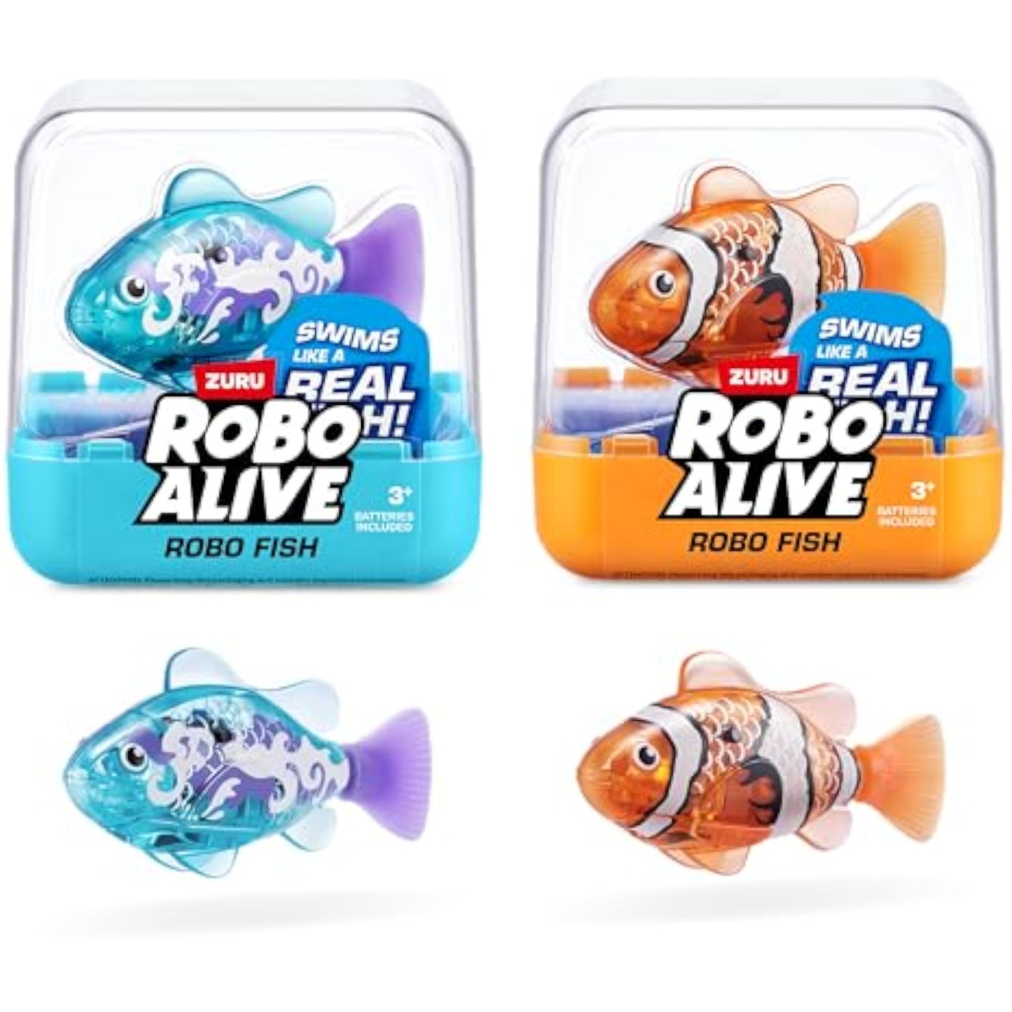 Robo Alive Robo Fish Robotic Swimming Fish (Teal + Orange) by ZURU Water Activated, Changes Color, Comes with Batteries, Amazon Exclusive (2 Pack) Series 3 - New
