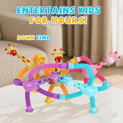 XONTEUS 4 Pcs Pop Tubes Giraffe Travel Airplane Road Trip Car Activities Essential ,Telescopic Suction Cup Sensory Fidget Toys,Screen-Free Activity for Boy & Girl , Stocking Stuffers for Kids - New