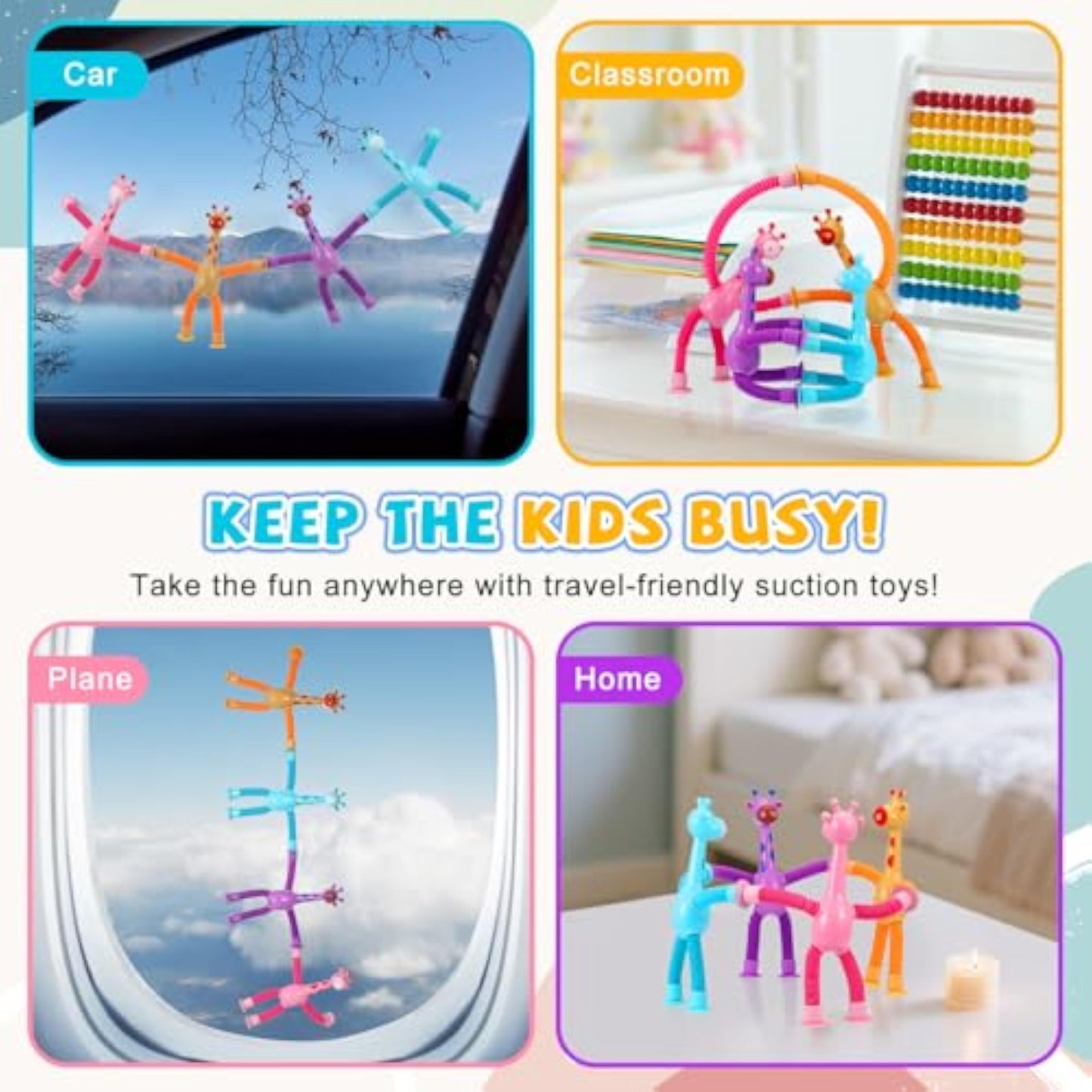 XONTEUS 4 Pcs Pop Tubes Giraffe Travel Airplane Road Trip Car Activities Essential ,Telescopic Suction Cup Sensory Fidget Toys,Screen-Free Activity for Boy & Girl , Stocking Stuffers for Kids - New
