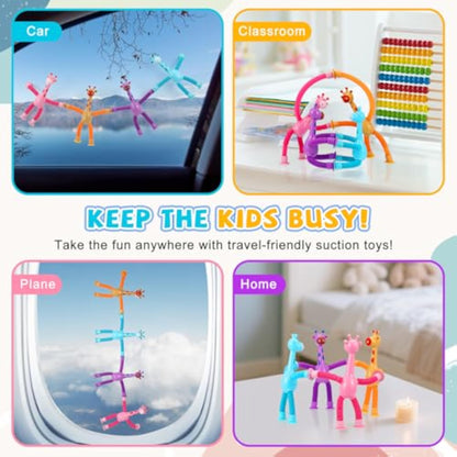 XONTEUS 4 Pcs Pop Tubes Giraffe Travel Airplane Road Trip Car Activities Essential ,Telescopic Suction Cup Sensory Fidget Toys,Screen-Free Activity for Boy & Girl , Stocking Stuffers for Kids - New