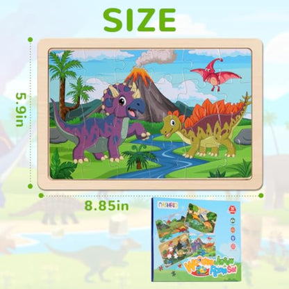 Wooden Puzzles Dinosaur Toys for Kids Ages 3-5, Set of 4 Packs with 20-Piece Wood Jigsaw Puzzles, Preschool Educational Brain Teaser Boards for Boys and Girls 3 4 5 6 Years Old - New