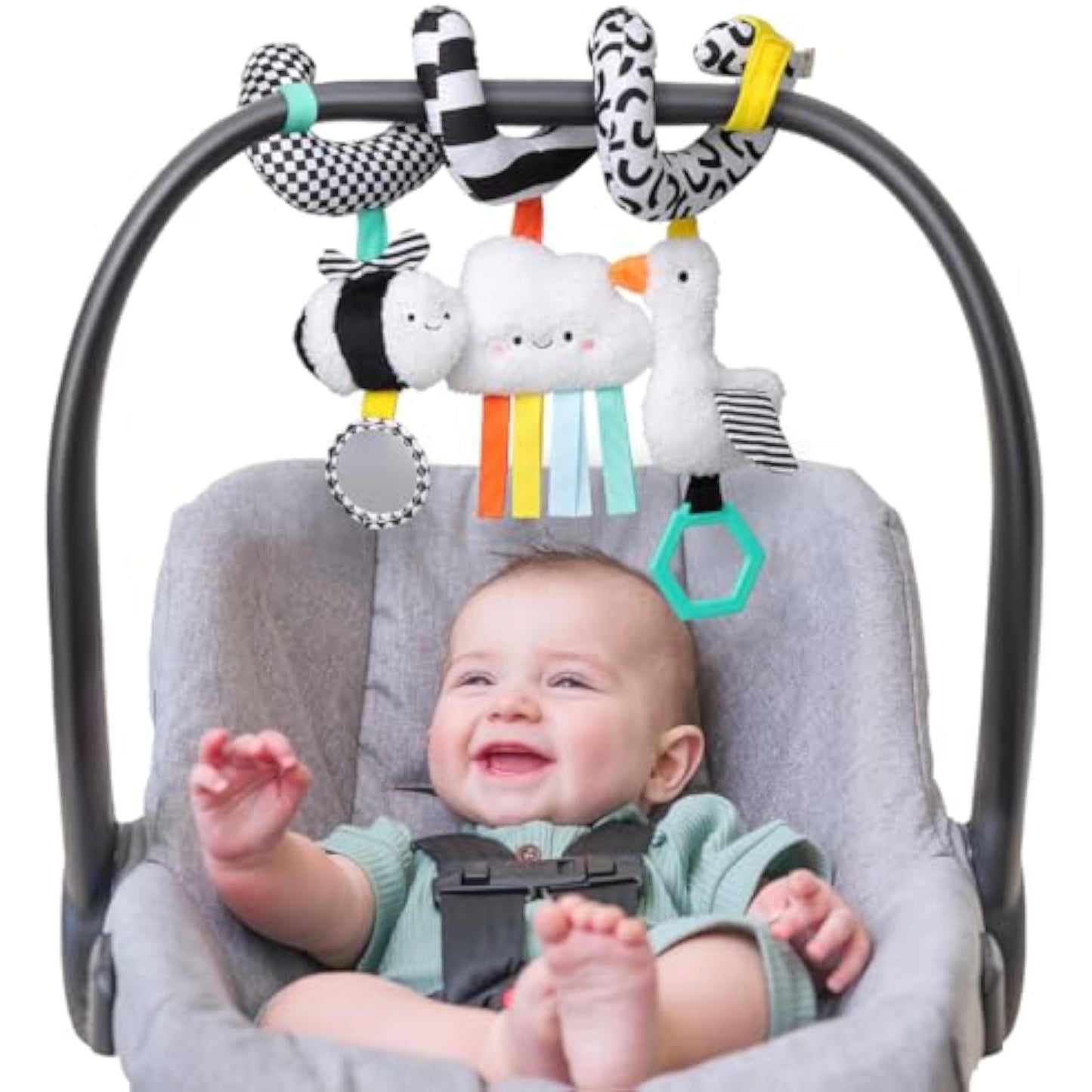 Itzy Ritzy Spiral Car Seat & Stroller Activity Toy - Stroller & Car Seat Toys for Ages 0 Months and Up - Hanging Toys Include Dangling Ring, Mirror and Textured Ribbons (High Contrast) - New