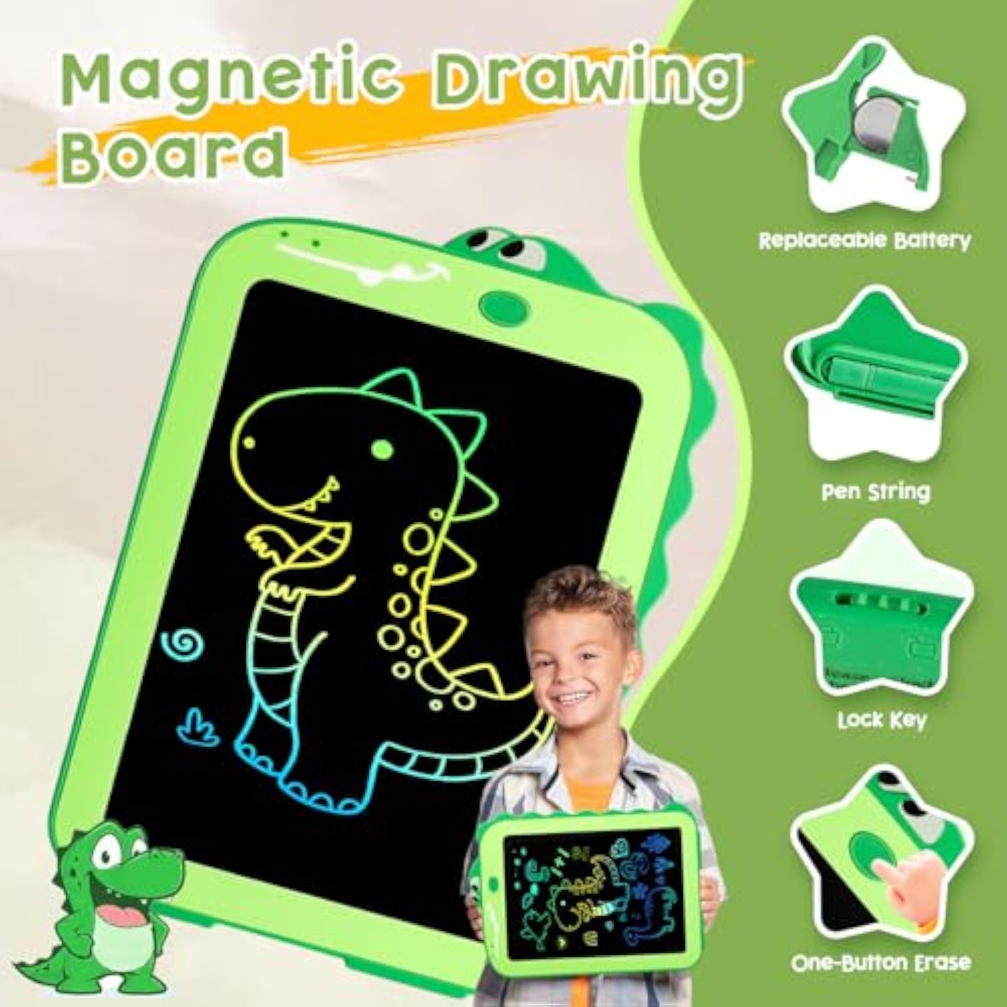 Teriph LCD Writing Tablet for Kids, Colorful Toddlers Toys Drawing Board, Educational Kid Toys, Doodle Pad Dinosaur Toy for 3 4 5 6 7 8 Year Old Boys Girls Birthday Party Xmas,8.5inch & Green - New