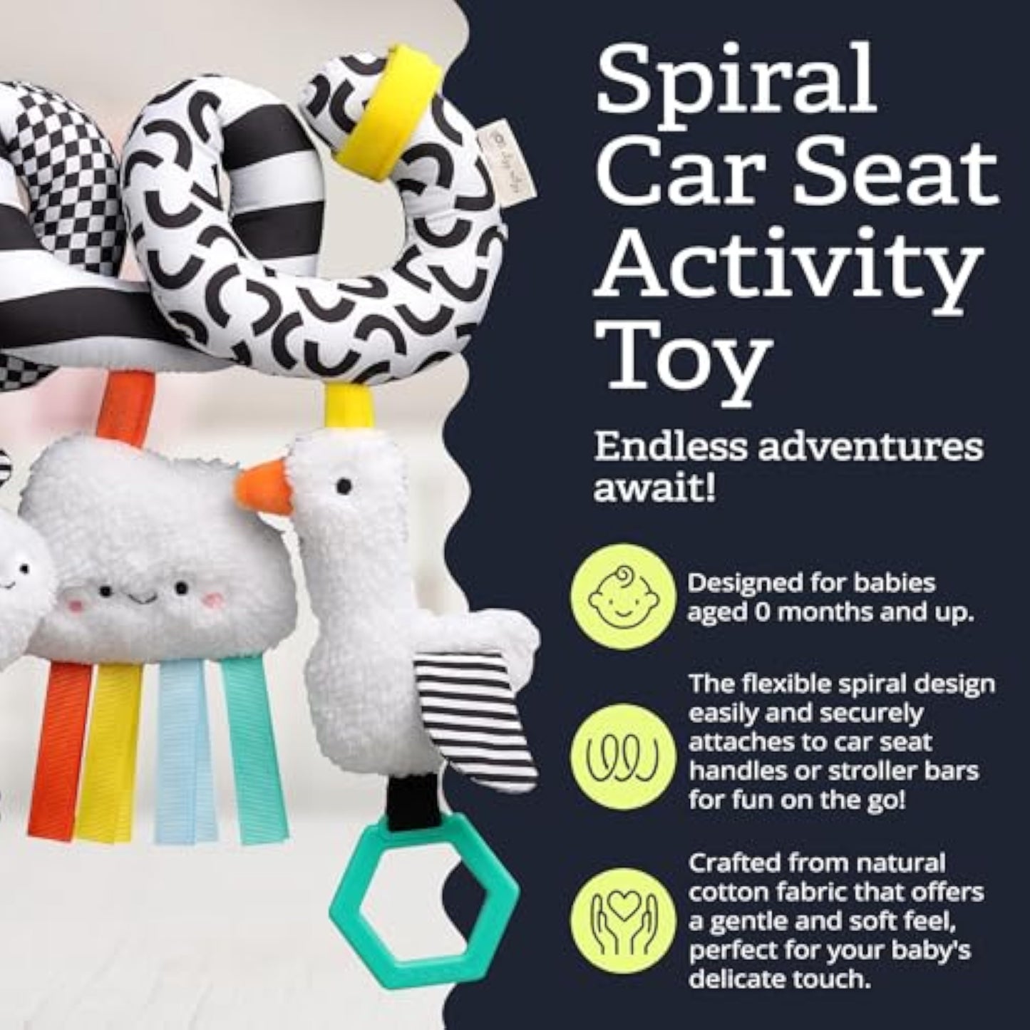 Itzy Ritzy Spiral Car Seat & Stroller Activity Toy - Stroller & Car Seat Toys for Ages 0 Months and Up - Hanging Toys Include Dangling Ring, Mirror and Textured Ribbons (High Contrast) - New