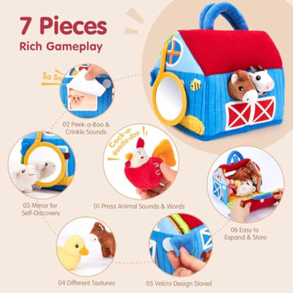 hahaland Baby Toys 6-12 Months - Surprise Barn with Stuffed Farm Animals with Real Sounds - Montessori Toys for 6 Month Old Baby Gifts Toddlers Sensory Toy 1 Year Old Boy Girl Gifts Infant Toys - New