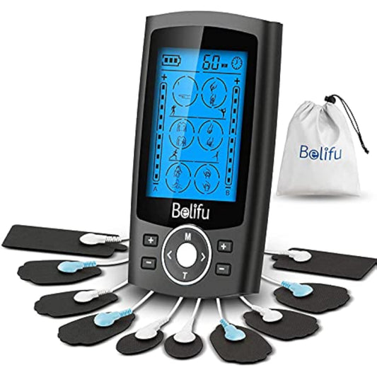 Belifu Dual Channel TENS EMS Unit 24 Modes Muscle Stimulator for Pain Relief Therapy, Electronic Pulse Massager Muscle Massager with 10 Pads, Dust-Proof Drawstring Storage Bag, Fastening Cable Ties - New