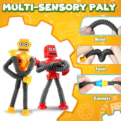 Robot Sensory Travel Roadtrip Toys 4Pcs for Toddlers Kid Boy Year Old Ages 3 4 5 6 7 8 9,Airplane Activities Suction Autism Pop Tube Fidget Toys Autistic Stocking Easter Basket Stuffer Valentine Gift - New