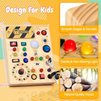 Busy Board with LED Light Switches, Montessori Toys for 1 2 3 Years Old, Toddlers Wooden Toy Sensory Activity Board, Travel Toys for 1+ Year Old Boy & Girl Birthday Gift - New