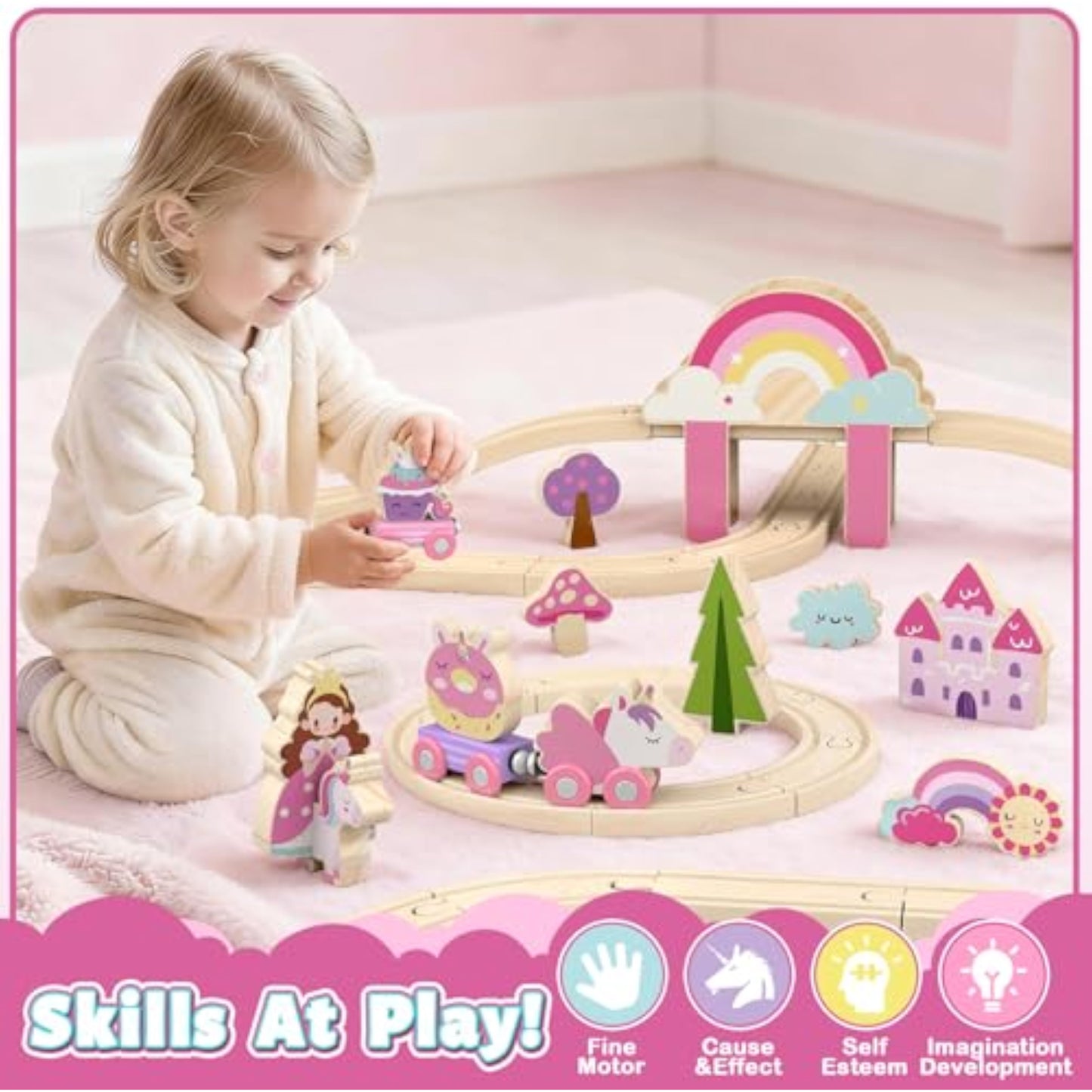Lehoo Castle Wooden Train Set - Unicorn Train Set for Toddlers 2-4, Wooden Train Track Toddler Girl Toys, Pink Train Fantasy Toys for 3 4 5 6 7 Year Old Girl - New