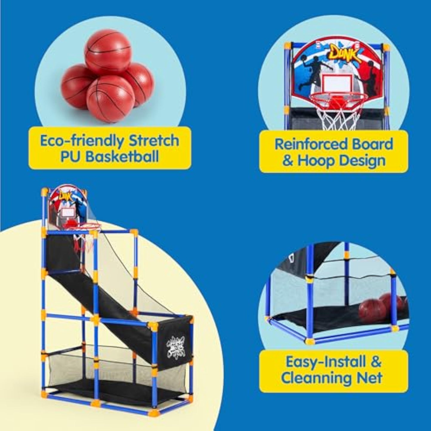 JOYIN Arcade Basketball Game Set with 4 Balls and Hoop for Kids 3+ Years Old Indoor Outdoor Sport Play - Easy Set Up - Air Pump Included - Ideal for Competition - New