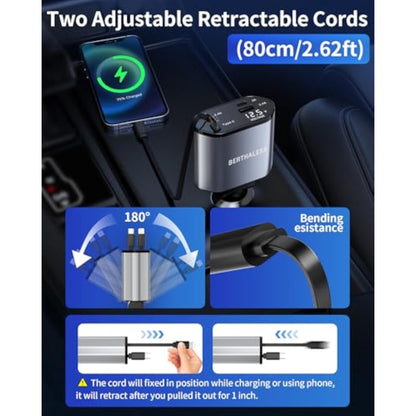 BERTHALESS Retractable Car Charger, 4 in 1 Fast Charging Car Charger with USB-C & USB-A, Compatible with iPhone 17/16/15/14/13/12/11,Galaxy,Pixel, Car Accessories for Men Women Drivers, Dad, Husband - New