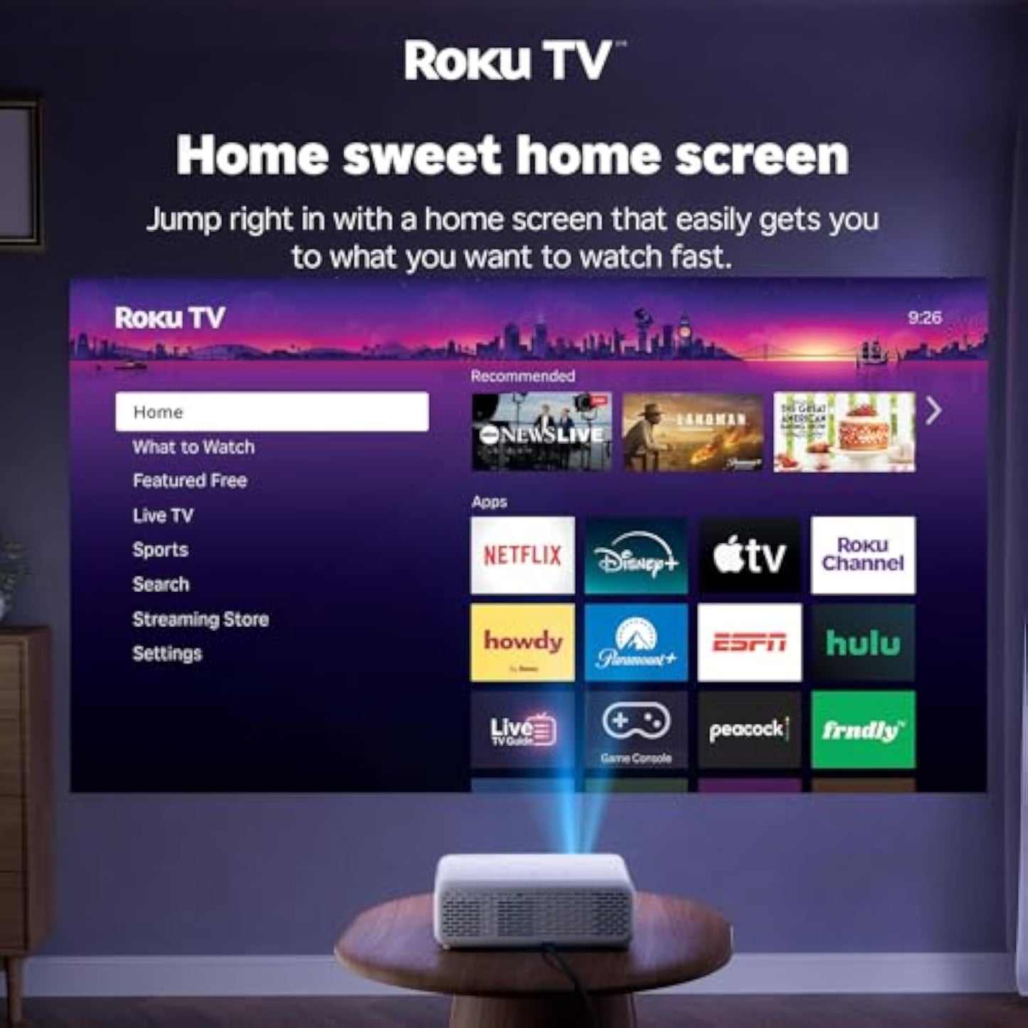 Aurzen Roku TV Smart Projector with Wifi and Bluetooth, Roku Streaming Experience Built-in, 1080P FHD, DoIby Audio, Auto Focus & Keystone, Zoom, Movie Portable Outdoor Mini Projector, White - New