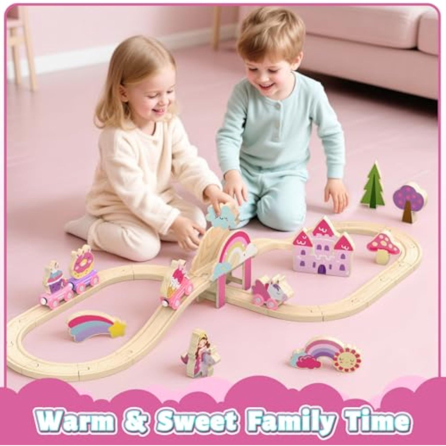 Lehoo Castle Wooden Train Set - Unicorn Train Set for Toddlers 2-4, Wooden Train Track Toddler Girl Toys, Pink Train Fantasy Toys for 3 4 5 6 7 Year Old Girl - New