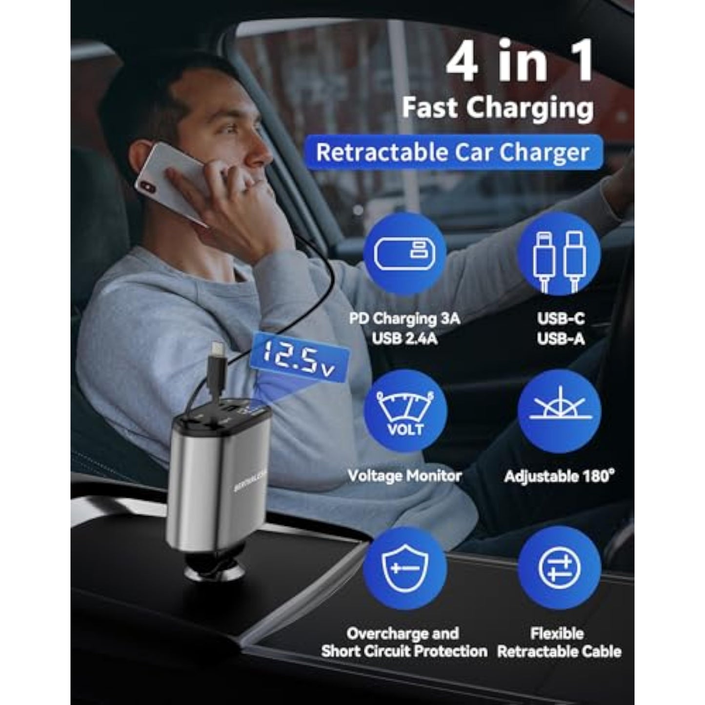 BERTHALESS Retractable Car Charger, 4 in 1 Fast Charging Car Charger with USB-C & USB-A, Compatible with iPhone 17/16/15/14/13/12/11,Galaxy,Pixel, Car Accessories for Men Women Drivers, Dad, Husband - New