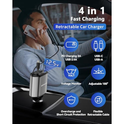BERTHALESS Retractable Car Charger, 4 in 1 Fast Charging Car Charger with USB-C & USB-A, Compatible with iPhone 17/16/15/14/13/12/11,Galaxy,Pixel, Car Accessories for Men Women Drivers, Dad, Husband - New