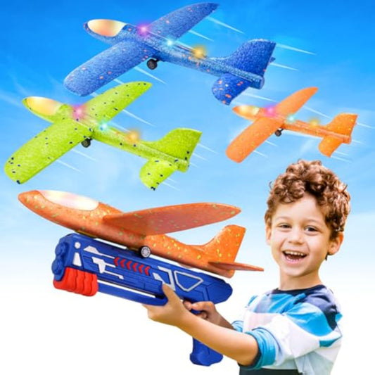 Fuwidvia 3 Pack Airplane Launcher Toys, 13.2'' LED Foam Glider Plane Toy for Boys, 2 Flight Modes Outdoor Flying Toys Birthday Gifts for Boys Girls 4 5 6 7 8 9 10 11 12 Year Old (Blue&Green&Orange) - New