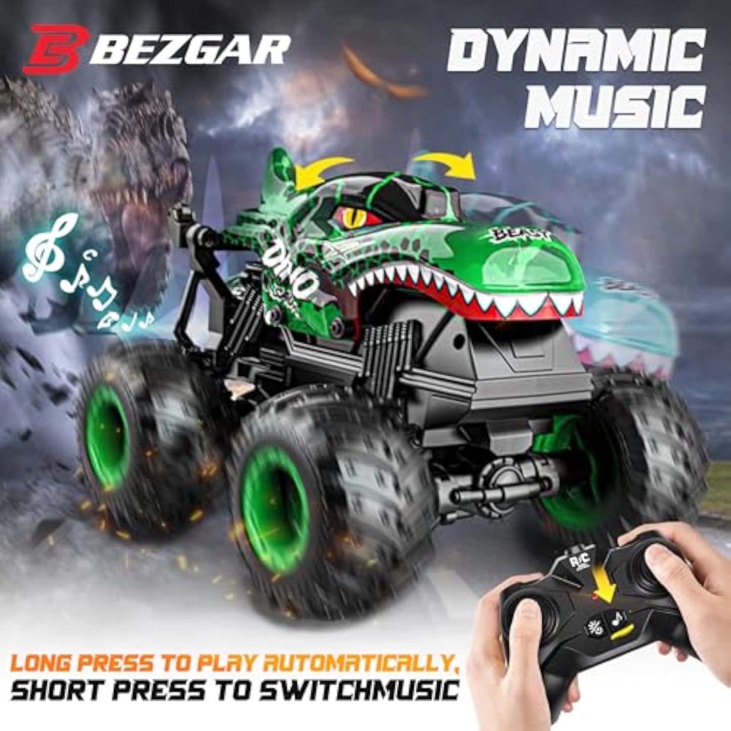 BEZGAR Monster Truck Toys - Remote Control Monster Truck with Light & Music, Dinosaur Toys for Kids, 1:20 Scale RC Truck with 360° Spins and Drifting, Remote Control Car for Boys 4-7 - New