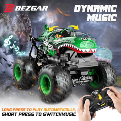 BEZGAR Monster Truck Toys - Remote Control Monster Truck with Light & Music, Dinosaur Toys for Kids, 1:20 Scale RC Truck with 360° Spins and Drifting, Remote Control Car for Boys 4-7 - New