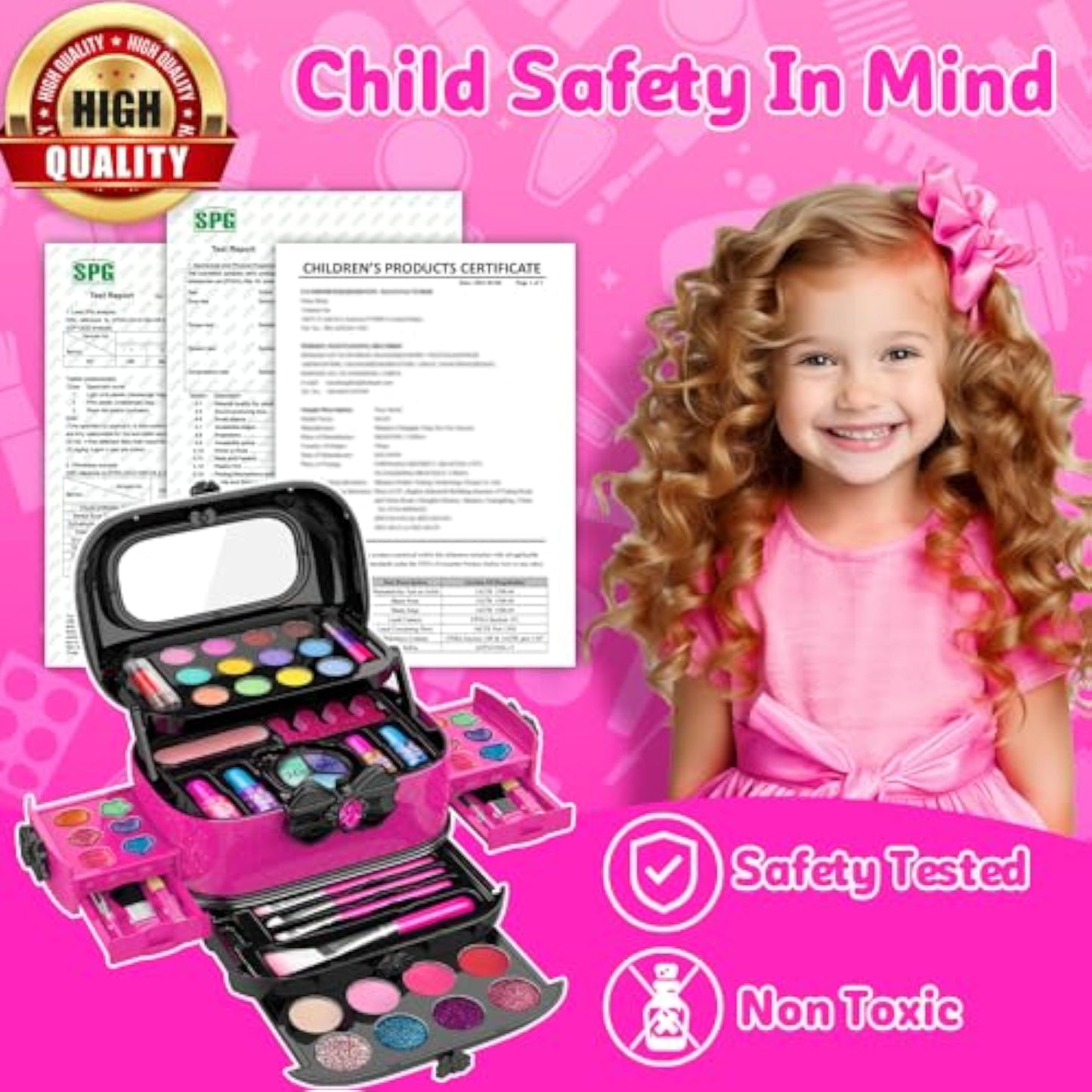 Hollyhi 58 Pcs Kids Makeup Kit for Girl, Princess Toys Real Washable Cosmetic Set with Mirror, Kids Makeup Sets for Girls, Play Make Up Birthday Gifts for 3 4 5 6 7 8 9 10 11 12 Years Old Kid (Rose) - New