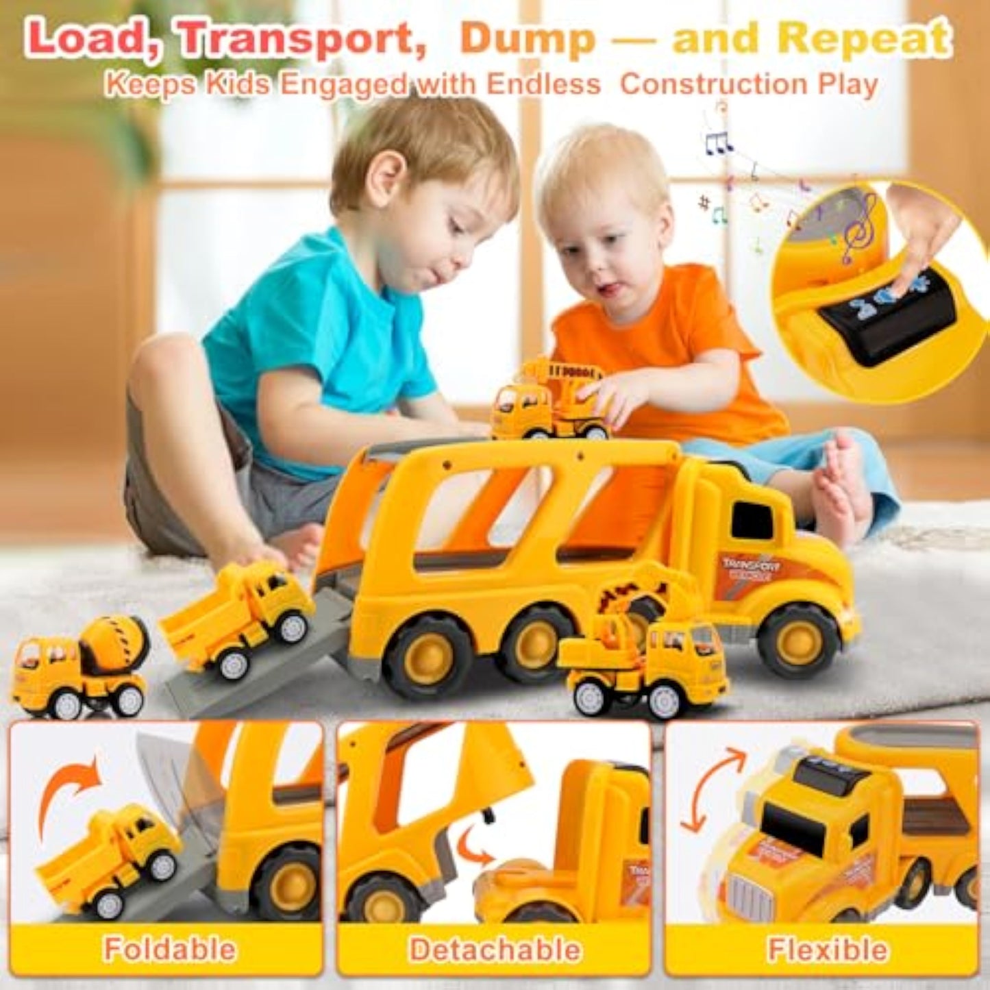 Nicmore Construction Truck Toddler Toys Car: Toys for 1 2 3 4 Year Old Boy 5 in 1 Carrier Toys for Kids Age 1-3 2-4| 18 Months 2 Year Old Boy Christmas Birthday Gifts - New