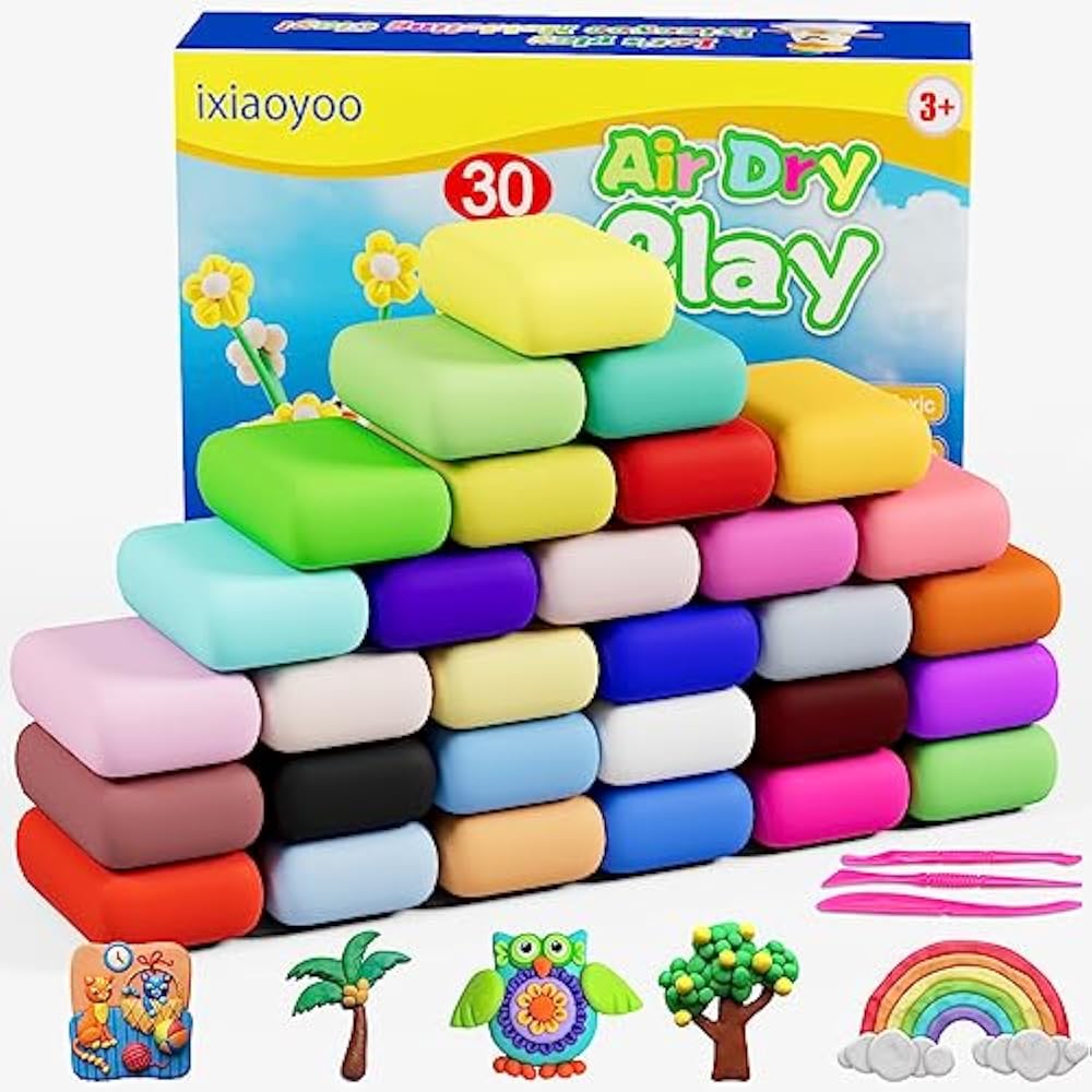 Ixiaoyoo Air Dry Clay, 30 Colors Modeling Clay for Kids, DIY Model Crafts Toys with Sculpting Tools, Soft & Non-Sticky, School Projects & Home Party Favors, Birthday Gifts for Boys and Girls Aged 3–12 - New