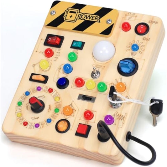Busy Board with LED Light Switches, Montessori Toys for 1 2 3 Years Old, Toddlers Wooden Toy Sensory Activity Board, Travel Toys for 1+ Year Old Boy & Girl Birthday Gift - New