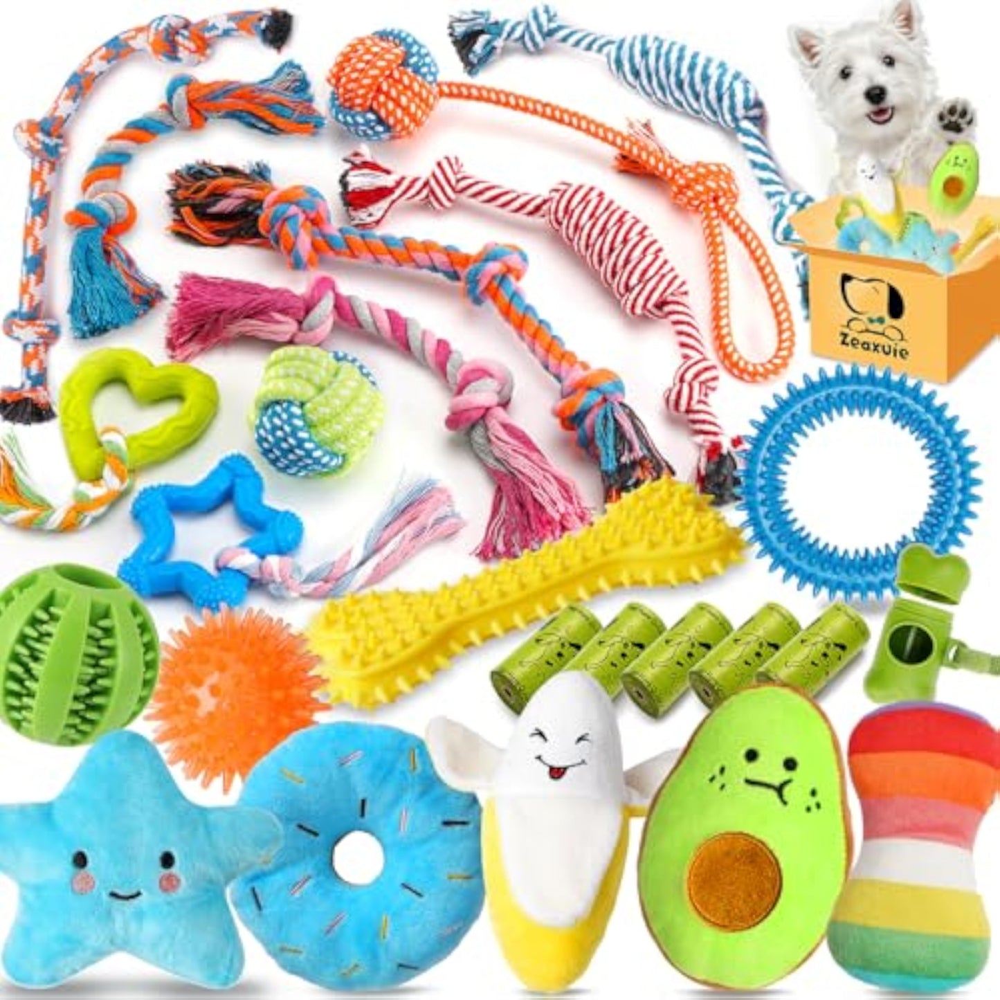 Zeaxuie 25 Pack Luxury Dog Chew Toys for Puppy, Dog Toys with Ropes, Treat Ball and Squeaky Puppy Toys for Teething Small Dogs - New