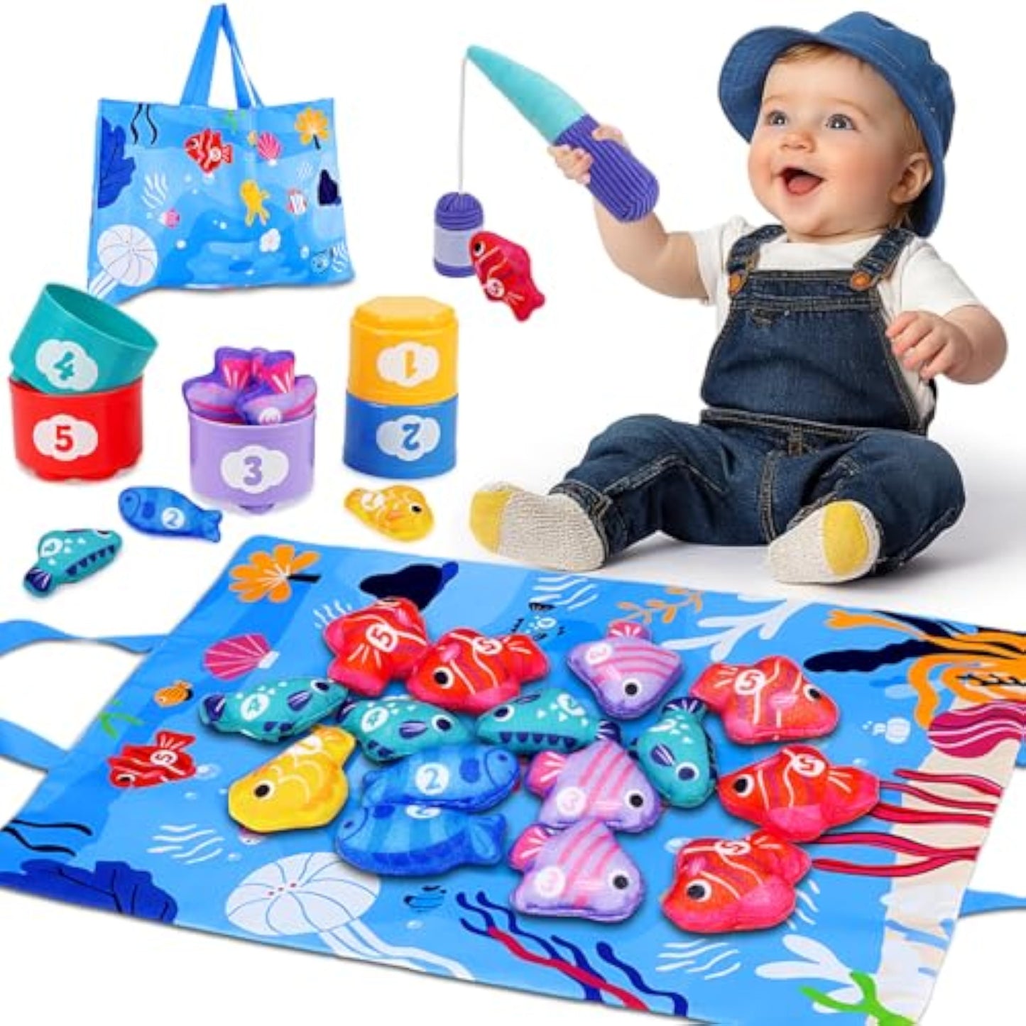 Arovan Montessori Toys for 1 Year Old - Cloth Fishing Game with Stacking Cups Toddler Toys for One Year Old Boy Girl First Birthday Gift - Sorting Learning Baby Toy 12-18 Months 1 2 Year Old - New