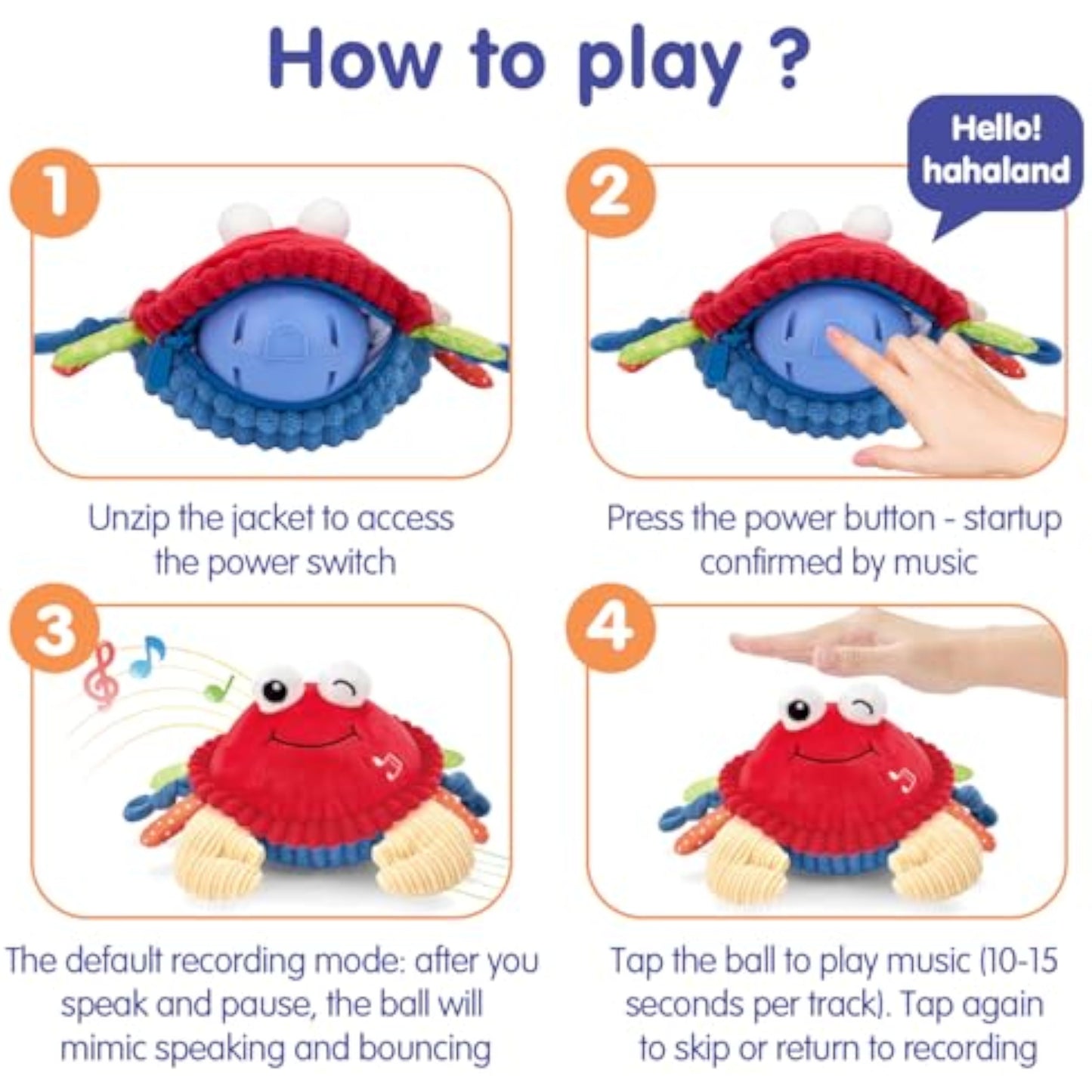hahaland Baby Toys 6-12 Months, Musical Bouncing Crab Plush Toy with 48 Songs & Recording Function, Dancing Moving Jumping Baby Toy for Tummy Time, USB Rechargeable Crab Toy for Babies 6+ Months - New