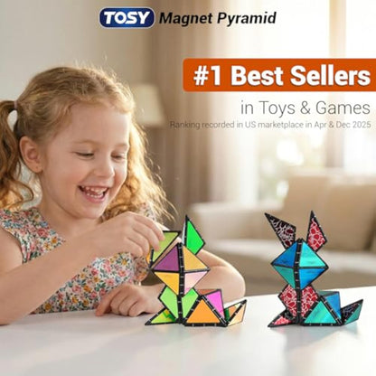 TOSY Magnet Pyramid Stone - 1 Cube Transforms into 1 Billion Shapes (Bunny, Egg Basket, Flowers, Heart), Easter Birthday Gift, 12 pcs, 243 Magnets, Holographic Design, Puzzle/STEM Toy - New