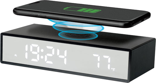 BXCLCK Digital Alarm Clock with Wireless Charging, 15W Fast Wireless Charger for Smart Phone, Night Time Mode, Adjustable Brightness, Snooze, 12/24H, LED Clock for Bedroom, Living Room, Office
