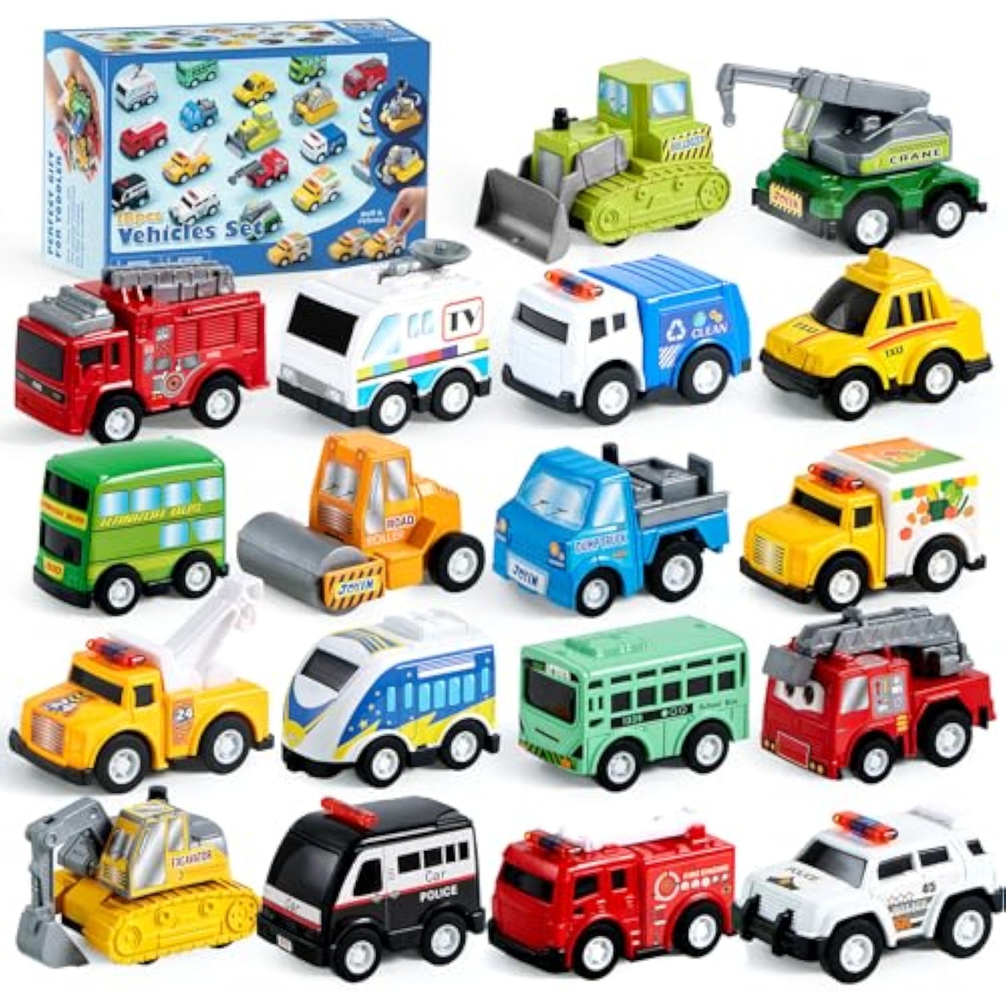 JOYIN 18 Pcs Pull Back City Cars and Trucks Toy Vehicles Set, Friction Powered Mini Cars Toys for Toddlers, Party Favors for Kids 3-5, Birthday Gifts for Boys and Girls, Goodie Bag Stuffers - New